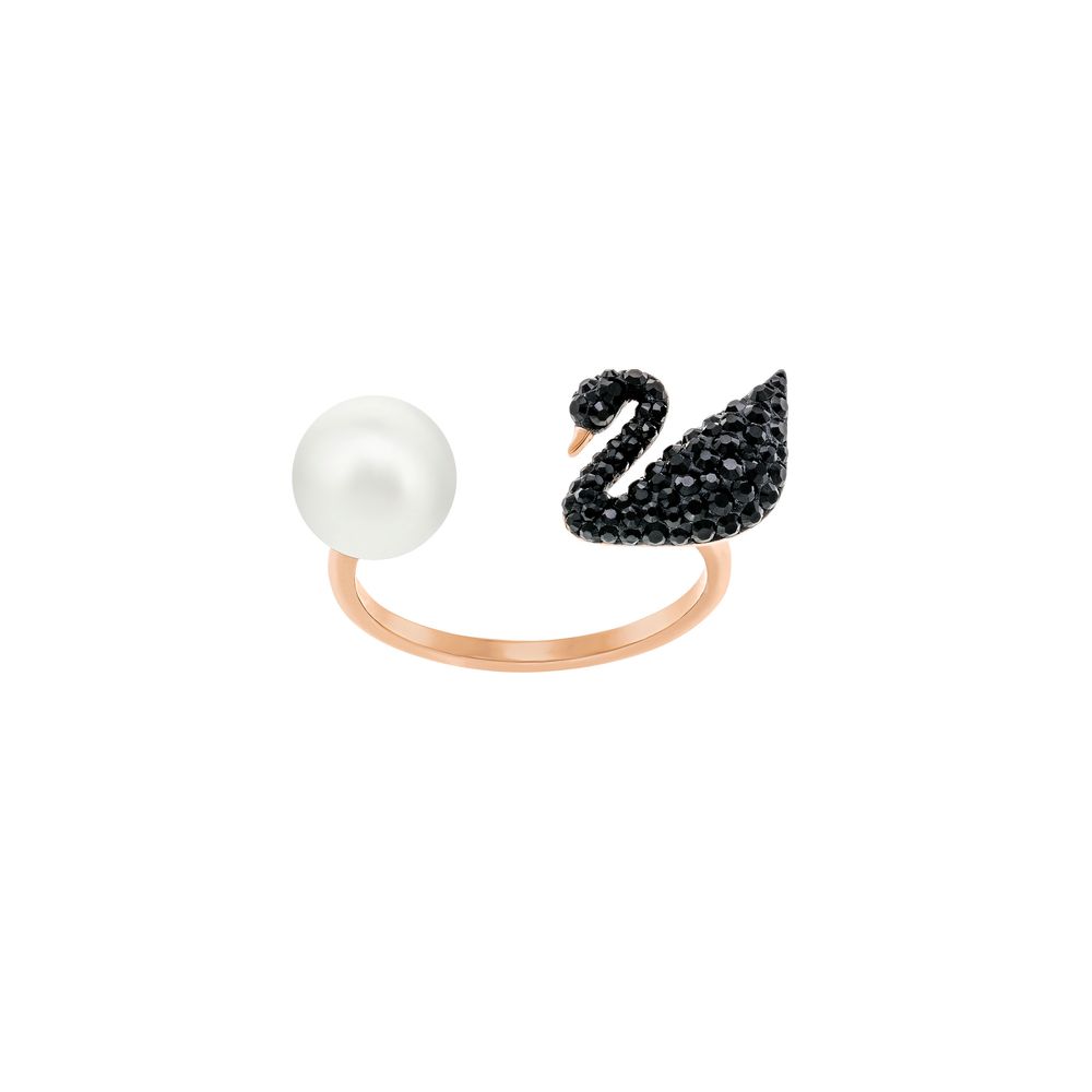 Anillo abierto Iconic Swan, negro, baño de oro rosa - swarovskichile