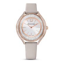 Reloj Crystalline Aura, correa de piel, gris, PVD tono oro rosa