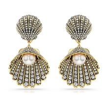 Pendientes de clip Idyllia, Crystal Pearl, Caracola, Blancos, Baño tono oro