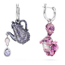 Pendientes Alice in Wonderland, Diseño asimétrico, Gato y tetera, Multicolores, Recubrimiento en rodio